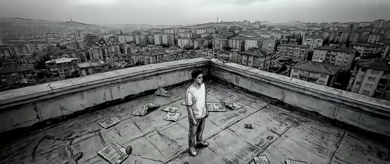 Era I — the black-and-white opening on the rooftop