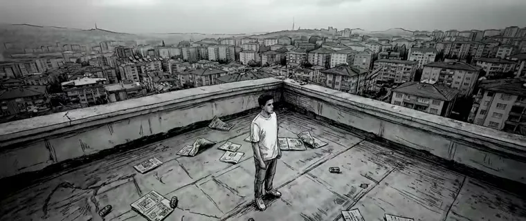 Era I — the black-and-white opening on the rooftop