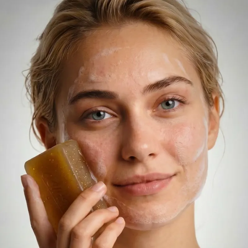 Ayla from the Bushido campaign, holding the soap bar to her cheek