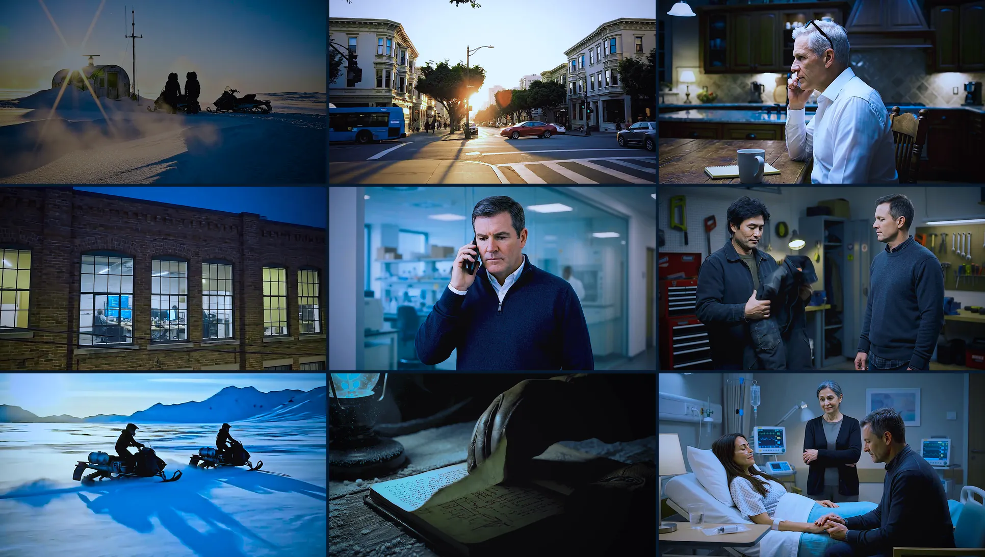 Nine frames from COLD START: arctic dawn, a street at golden hour, a kitchen at night, a lit facade, a laboratory portrait, a workshop, snowmobiles on ice, a gloved hand on a notebook, a hospital bedside.