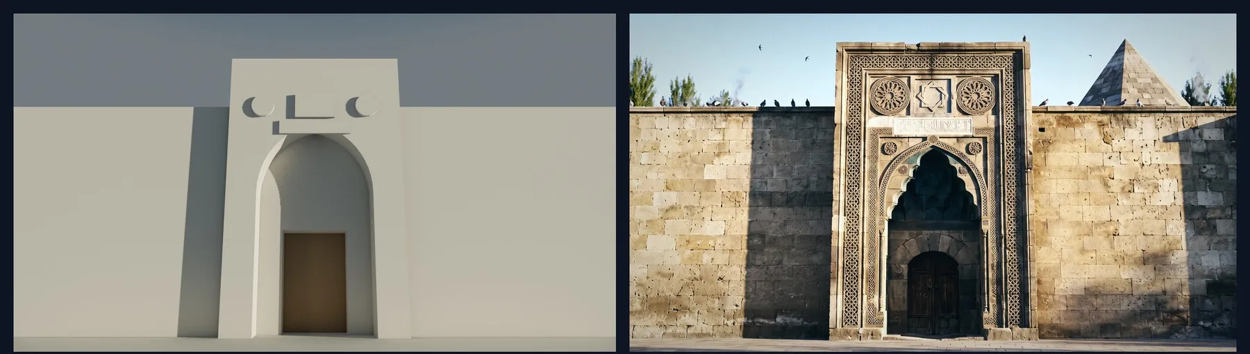 Left: the grey Blender model of the gate. Right: the finished AI frame of the same gate.