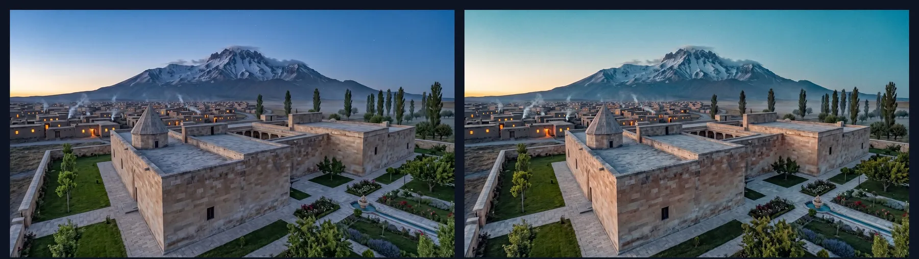The same aerial frame before and after the color grade