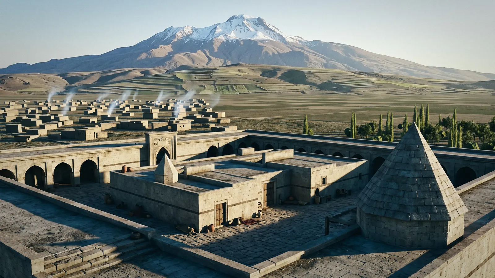 From the northeast, Erciyes behind — Graded