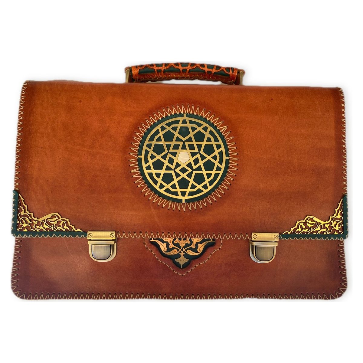 Compass-Star Briefcase — handmade Seljuk-tooled full-grain Anatolian leather
