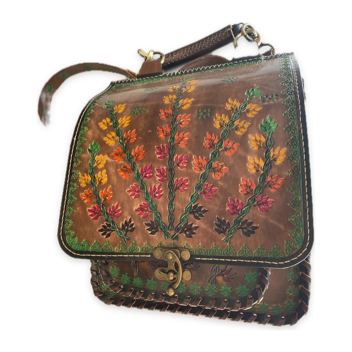 Tree-of-Life Messenger — handmade Seljuk-tooled full-grain Anatolian leather