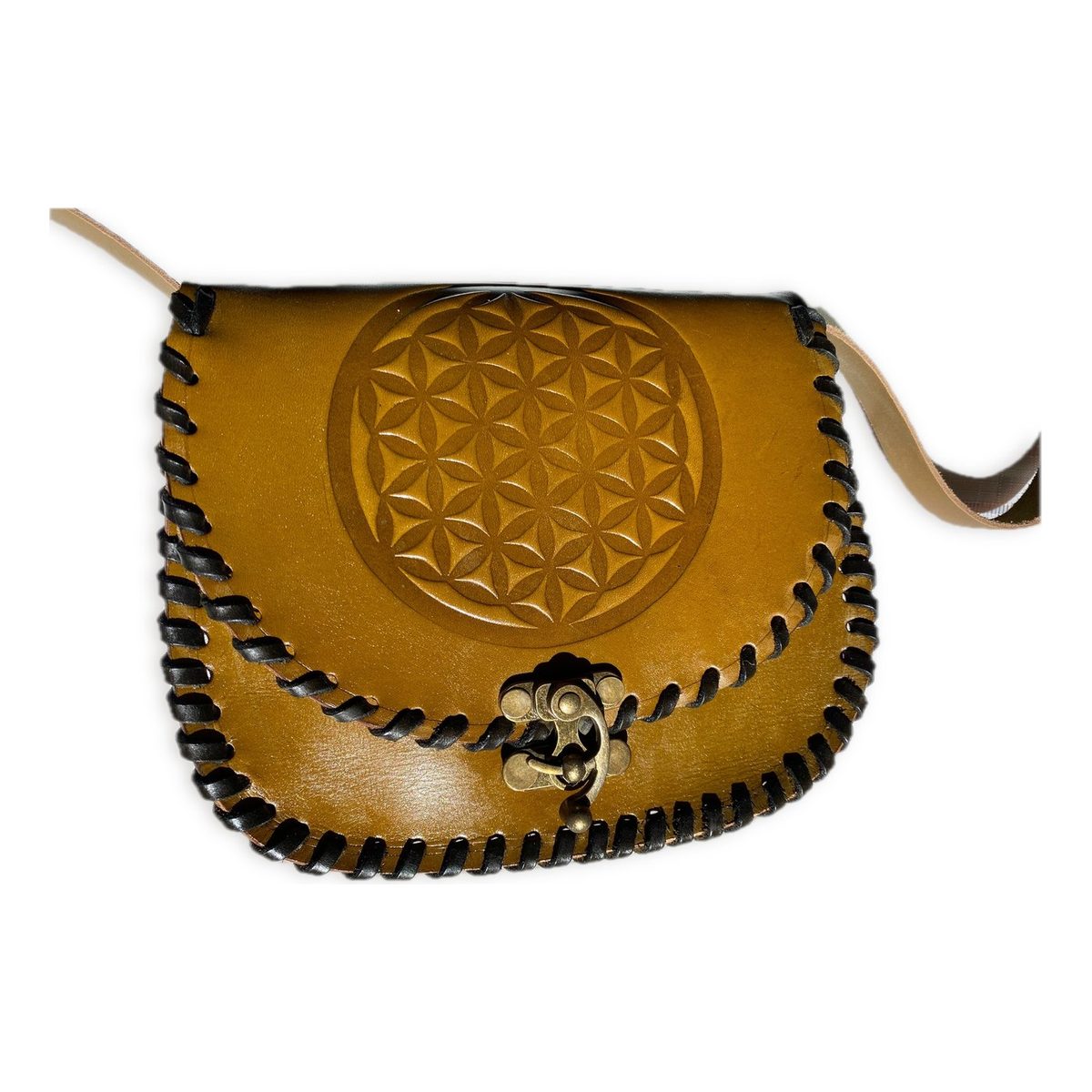 Flower-of-Life Crossbody — Amber — handmade Seljuk-tooled full-grain Anatolian leather