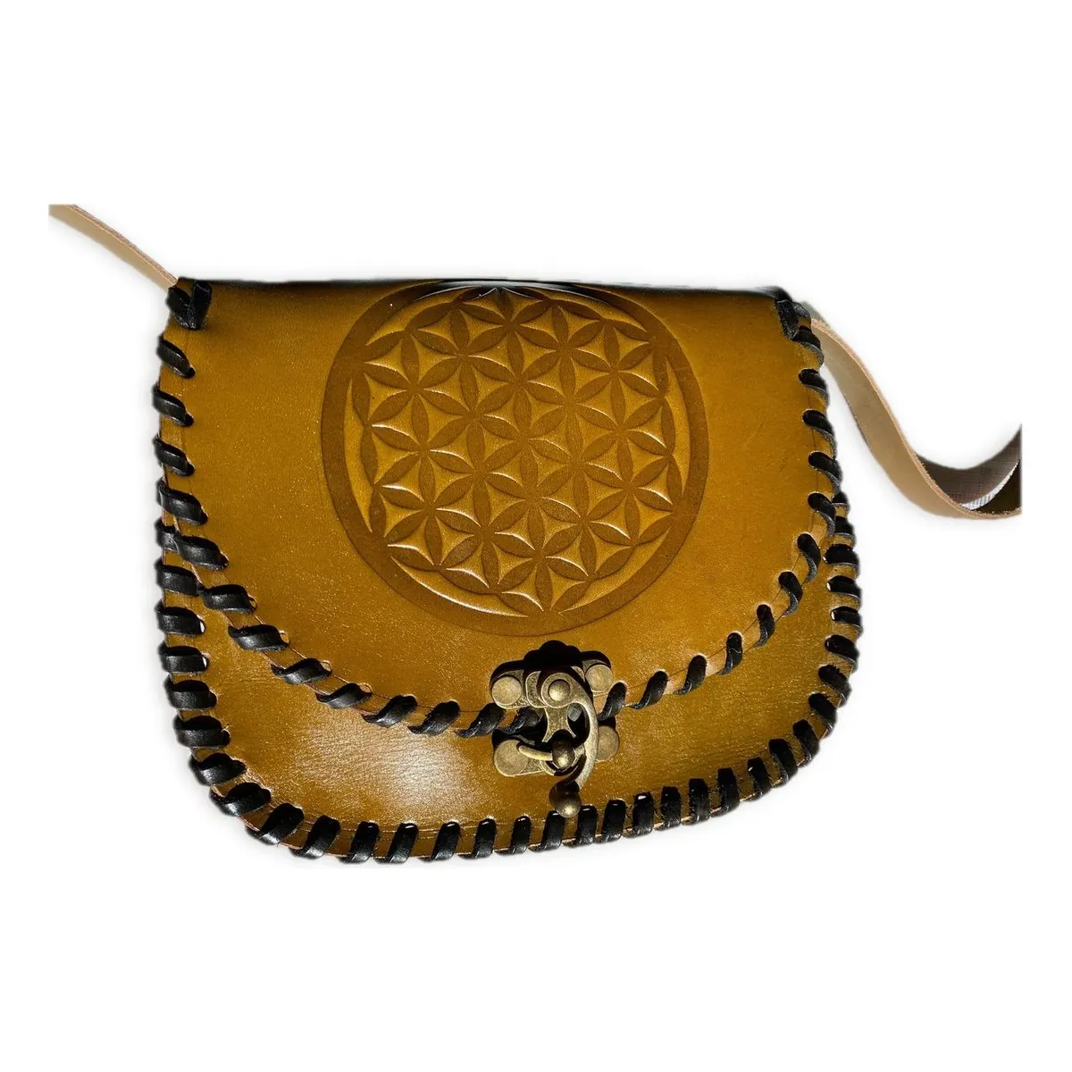 Flower-of-Life Crossbody — Amber — handmade Seljuk-tooled full-grain Anatolian leather