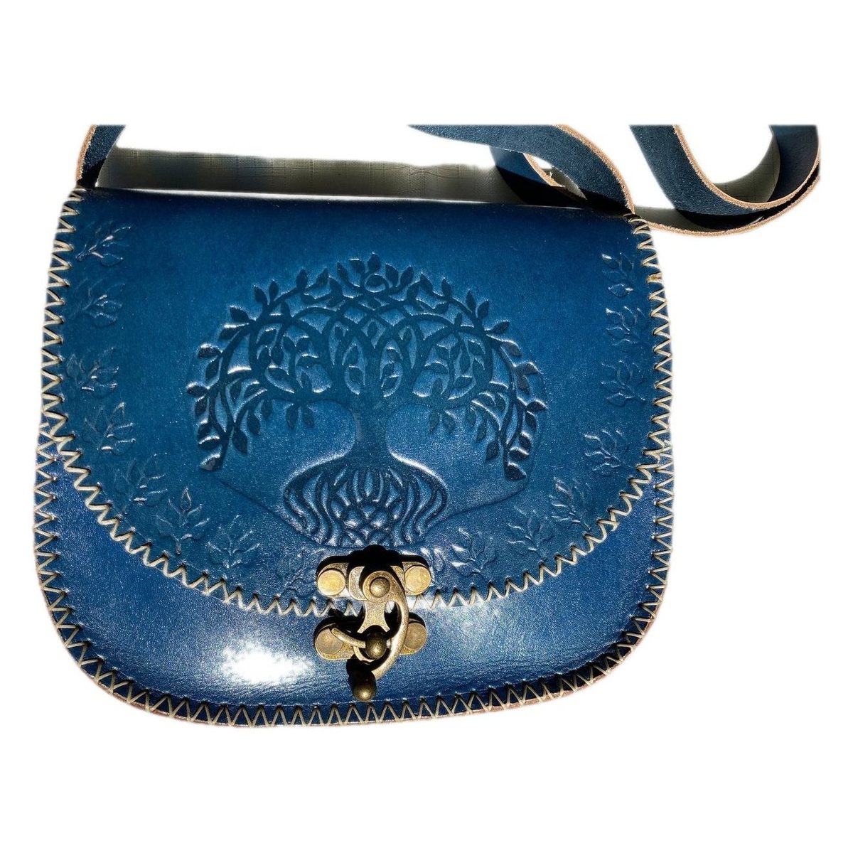 Tree-of-Life Crossbody — Indigo — handmade Seljuk-tooled full-grain Anatolian leather