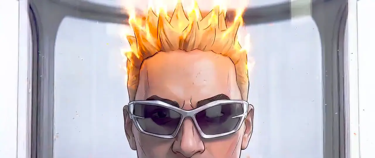 AI anime music video: the artist with flaming hair and silver shades inside a glass capsule