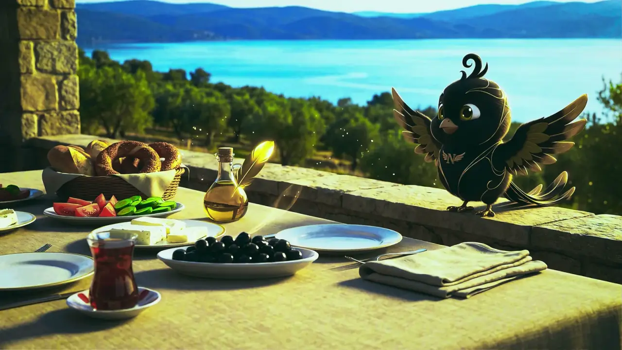 Novora brand film: a breakfast table above Lake Iznik, olives and tea, Nova the bird on the wall