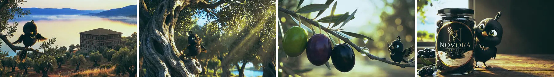 Four frames from the Novora brand film: Nova the black bird on an olive branch above a misty lake at dawn, Nova beside an ancient olive trunk in shafts of morning light, green, purple and black olives ripening on a branch, and Nova leaning on a jar of Novora olives.