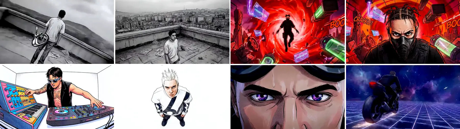Two scenes from each of the four eras: a black-and-white rooftop above the city, a masked figure in a red vortex and his close-up, a producer at a synth and decks, the artist seen from above in white, violet eyes under flight goggles and a motorbike racing across a neon grid.