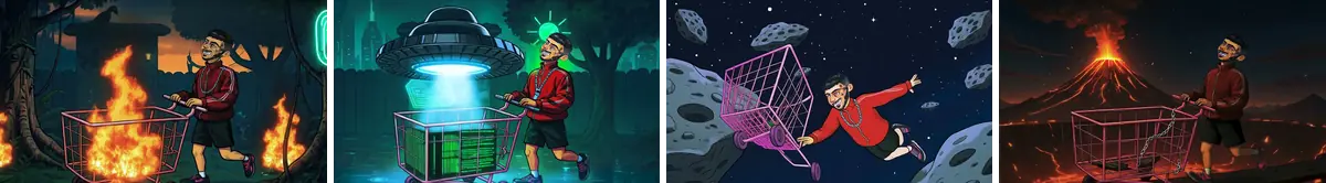 Four frames from Modd, tarih: a man pushing a burning shopping cart past fires, a UFO beaming the cart, the man floating with the cart among asteroids, and the cart at the edge of a volcano.