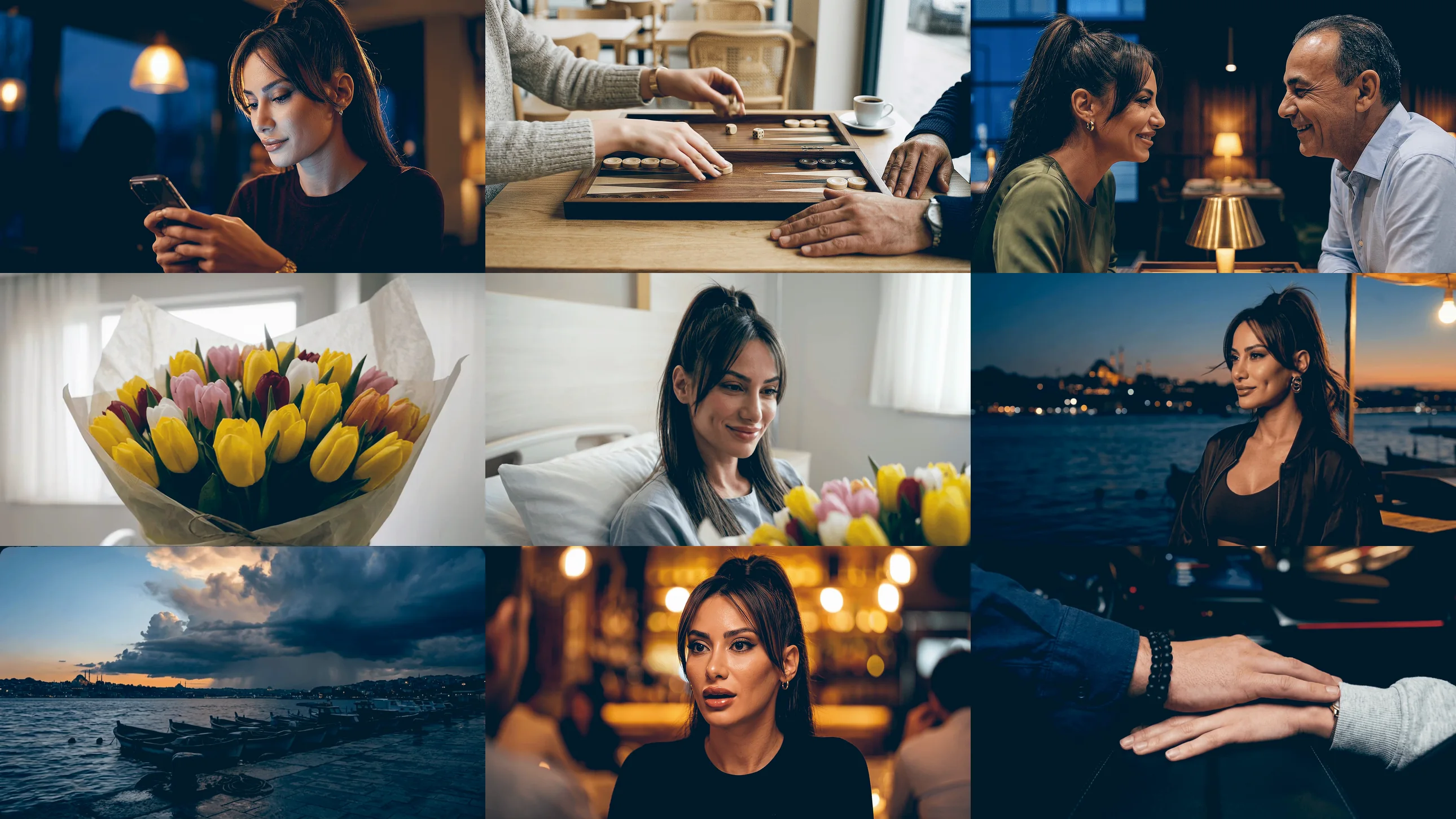 Nine frames from the film: a woman lit by her phone, a backgammon board mid-game, a couple laughing across a brass lamp, a bunch of tulips, the same woman smiling in a hospital bed beside them, a woman against the Bosphorus at dusk, boats under a storm sky, a face in a warm bar, and his hand resting on hers in the car at the end.
